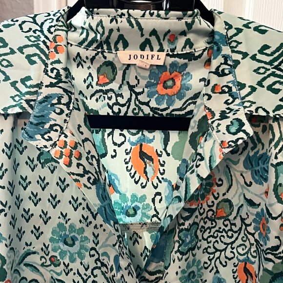 🌿 Jodifl Boho Mint Green & Orange Floral Blouse - Size Large 🌿 - Picture 3 of 4